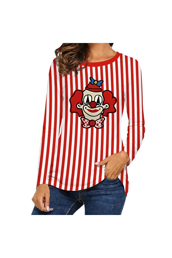 Womens Striped Printed Long Sleeve T Shirts 2026 Carnival Funny Graphic Color Block Tops Fashion Lightweight Soft Comfortable Crewneck Tee Blouses Holiday Outfits 6-Red XXL
