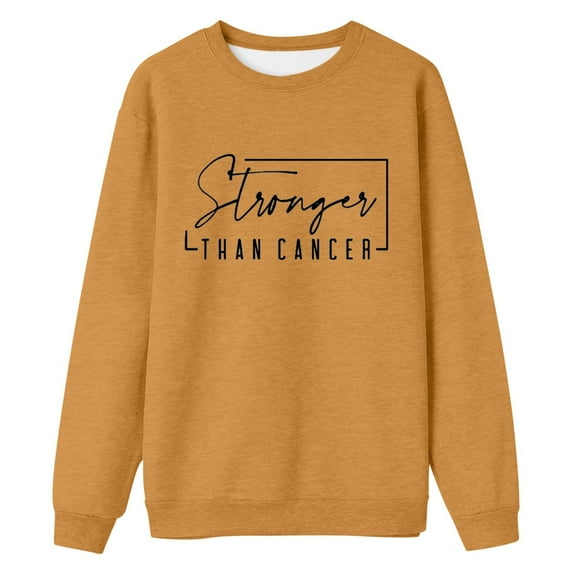 Arlun Womens Stronger Than Cancer Sweatshirts Letter Printed Breast Cancer Awareness Pullovers for Women Crewneck Long Sleeve Support Squad Hoodless Sweatshirt Yellow XL