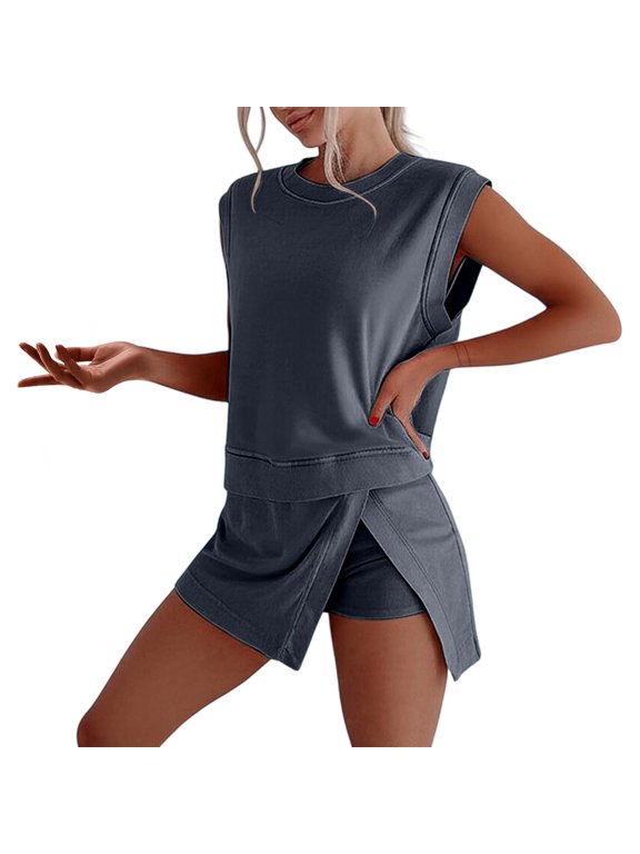 Womens Summer Workout Outfits Trendy 2 Pieces Retro Washing Crewneck Sleeveless Tank Top and Lined Split Athletic Skorts Sets Loose Cozy Casual Sweatsuit for Daily Wear 2-Black S