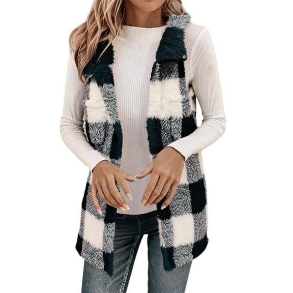 Arlun Womens Sweaters Vests Fuzzy Cardigan Vests Fashion Plaid Sleeveless Button Warm Soft Comfortable Casual Sweaters Outwear 2025 Fall Winter Outfits Black2 XL