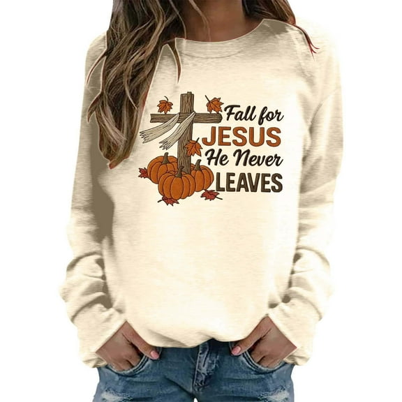 Arlun Womens Sweatshirts Jesus Faith Bible Verse Cute Cross Pumpkin Graphic Printed Sweatshirt Christian Long Sleeve Crewneck Trendy Religious Pullovers Tops Beige M
