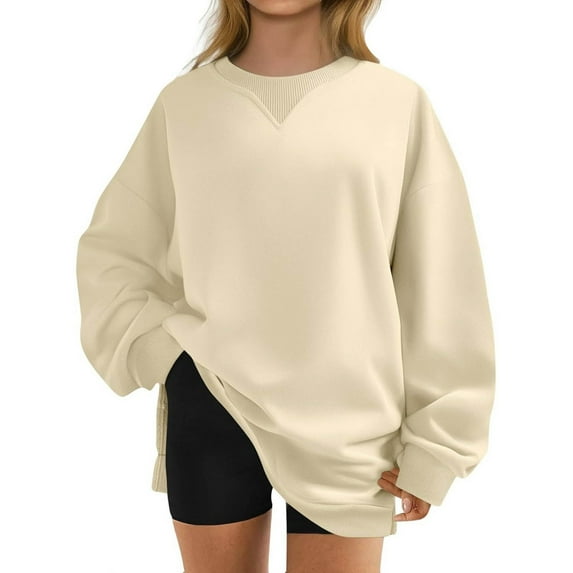 Arlun,Womens Sweatshirts Oversized Fleece Crew Neck Pullover Hoodless Plus Size Casual Comfy 2026 Fall Fashion Loose Comfy Solid Color Basic Tops Beige L