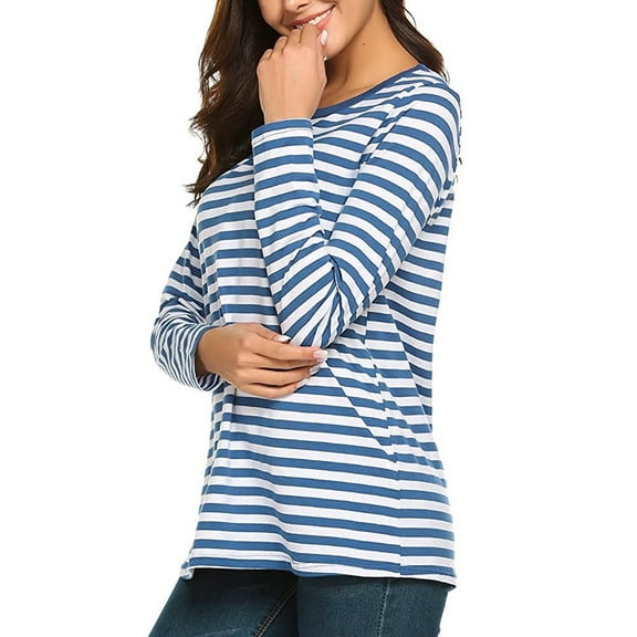 Arlun Womens T Shirts Classic Black White Striped Long Sleeve Crew Neck Tops Casual Loose Fit Comfy Lightweight Basic Pullovers Tee Shirts Blue M