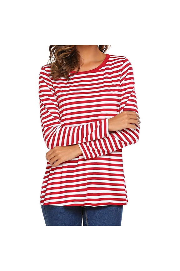 Womens T Shirts Classic Black White Striped Long Sleeve Crew Neck Tops Casual Loose Fit Comfy Lightweight Basic Pullovers Tee Shirts Red L