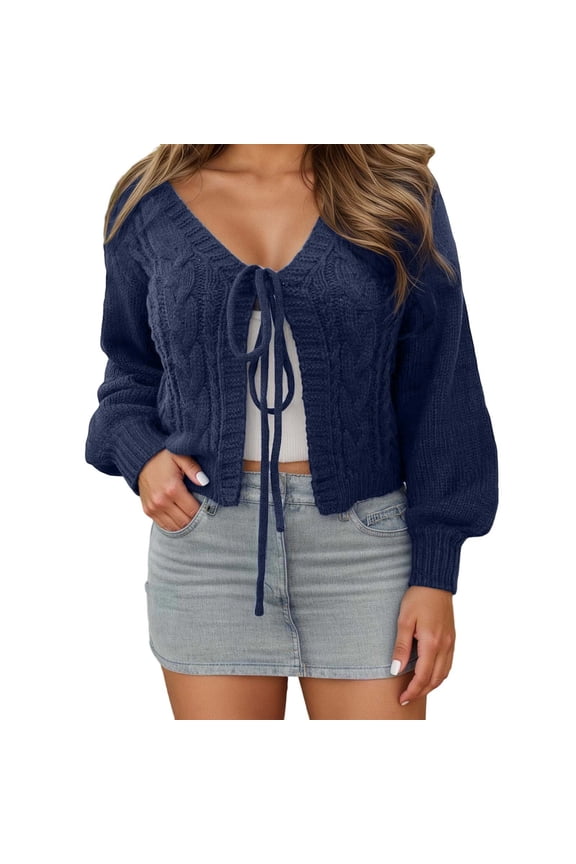 Womens Tie Front Bow Cardigan Sweaters Cropped Solid Color Cable Knit Cardigans Trendy Fall Winter Loose Comfortable Long Sleeve Outerwear 2025 Navy S
