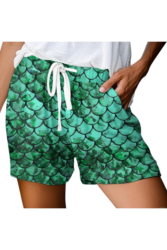 Arlun Womens Trendy 3D Fish Scale Printing Beach Shorts 2026 Fashion Vacation Outfit Ladies Drawstring Waisted Soft Comfortable Loose Wide Leg Casual Shorts 2-Green S