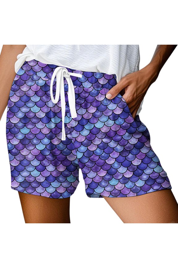 Arlun Womens Trendy 3D Fish Scale Printing Beach Shorts 2026 Fashion Vacation Outfit Ladies Drawstring Waisted Soft Comfortable Loose Wide Leg Casual Shorts 4-Purple S