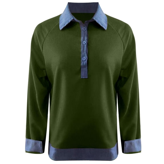 Arlun Womens Trendy Denim Splicing V-Neck Waffle T-Shirts Button up Long Sleeve Loose Fit Work Dressy Tops Ladies Soft Comfortable and Fashionable Casual Daily Outfits Army Green M
