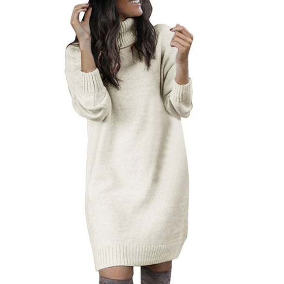 Arlun Womens Turtleneck Mini Sweater Dress Oversized Long Sleeve Solid Color Knit Pullover Fall Winter Loose Fit Comfortable Warm Stylish Knee Length Dresses White XL