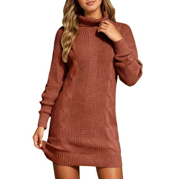 Arlun Womens Turtleneck Sweater Dress Long Sleeve Cable Knit Textured Fall Winter Pullover Short Dresses Oversized Stretch Solid Color Stylish Basic Mini Dress Orange L