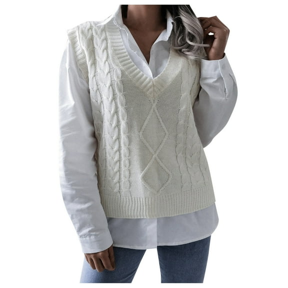 Arlun Womens V-Neck Aran Knit Sweaters Vest Casual Sleeveless Lightweight Pullover Sweater Outwear Trendy Solid Color Loose Fit Layering Tops 2025 Fall Winter Clothes White L