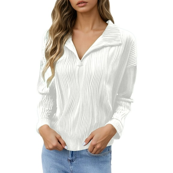 Arlun Womens V Neck Casual T Shirts Trendy Ribbing Plain Long Sleeve Tshirts Fall Fashion Ladies Loose Fit Comfortable Going out Tops White XL