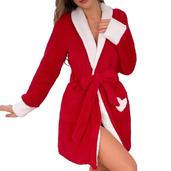 Arlun Womens Valentine's Day Robes Fashion Red and White Fuzzy Fleece Long Sleeve Short Sleepwear Winter Soft Comfortable Warm Fashion Wrap Loungewear with Belted Red M
