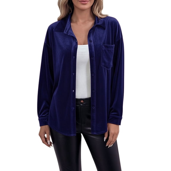 Arlun Womens Versatile Long Sleeve Button down Shirts Solid Color Boyfriend Oversized Soft Comfy Lapel Work Dressy Casual Blouses with Pocket Blue S