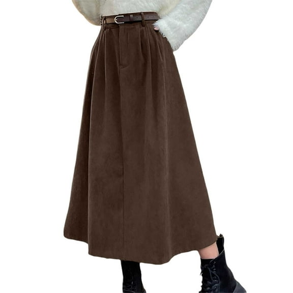 Arlun Womens Vintage Fall Corduroy Long Skirts with Belt Flowy A-Line Pleated Warm Soft Comfort Maxi Dress Simple Solid Color Japanese Style Cottagecore Midi Skirts Coffee S