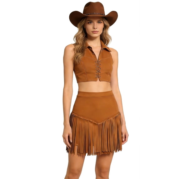 Arlun Womens Western Cowgirl Fringe Mini Skirt Country Concert Retro Outfit Trendy Stylish High Waisted Bodycon Short Skirts Carnival Festival Bottoms Brown XL