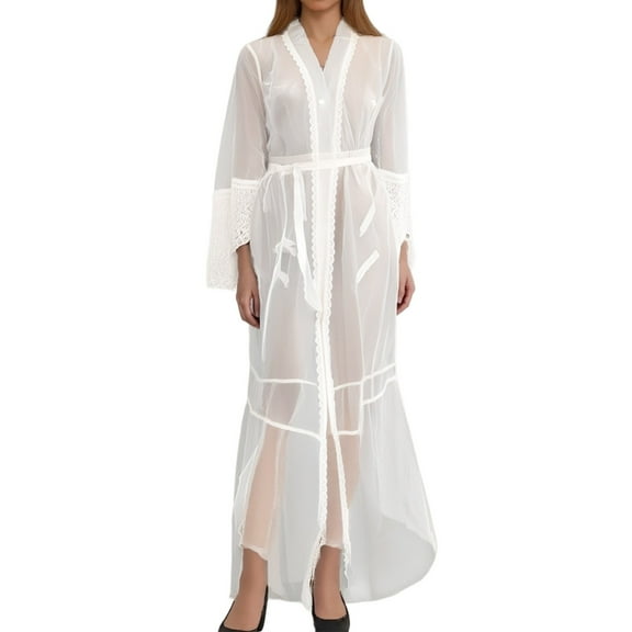 Arlun Womens White Lace Robes Long Lightweight Sheer Lingerie Nightgown House Coat Elegant Loungewear See-Through Mesh Belted Sleepwear Bathrobe Valentine's Day Gifts White M