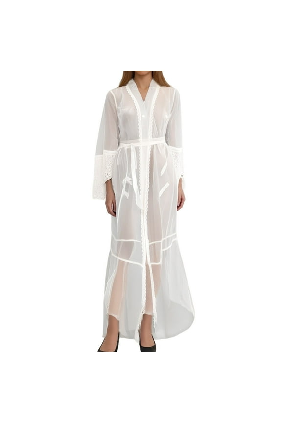 Womens White Lace Robes Long Lightweight Sheer Lingerie Nightgown House Coat Elegant Loungewear See-Through Mesh Belted Sleepwear Bathrobe Valentine's Day Gifts White M