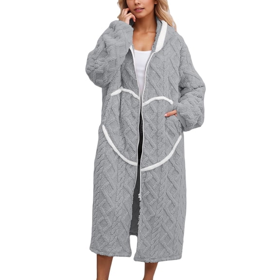 Arlun Womens Winter Plush Hooded Robes Long Zipper up Pajamas Nightgown Cute Heart Print Relaxed Fit Twist Ribbing Bathrobe Soft Cozy Loungewear Housecoat Grey One Size