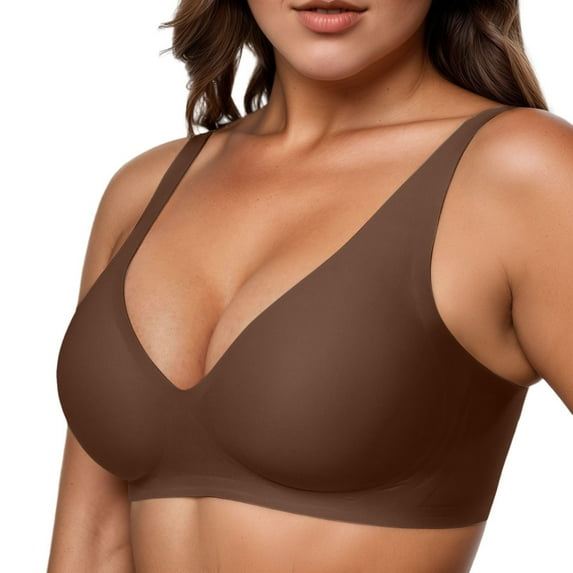 Arlun,Womens Wireless Seamless Bras Deep V No Underwire Smooth Push up Bras Supportive Full Coverage Comfortable Bralettes Lounge Plunge T Shirt Bra Brown XXL