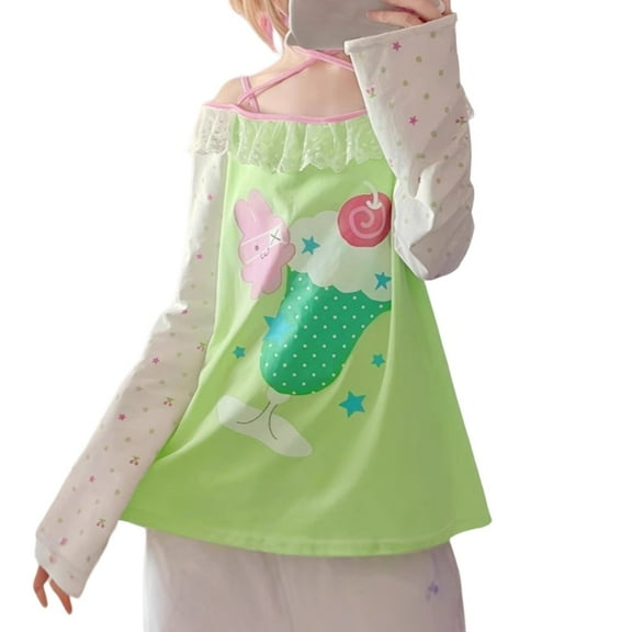 Arlun Womens Y2k Kawaii Print Tshirts off Shoulder Long Sleeve Lace Patchwork Tops Cute Japanese Graphic Loose Fit Comfortable Lightweight Casual T-Shirt Light Green 3-L