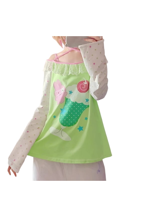 Womens Y2k Kawaii Print Tshirts off Shoulder Long Sleeve Lace Patchwork Tops Cute Japanese Graphic Loose Fit Comfortable Lightweight Casual T-Shirt Light Green 3-L