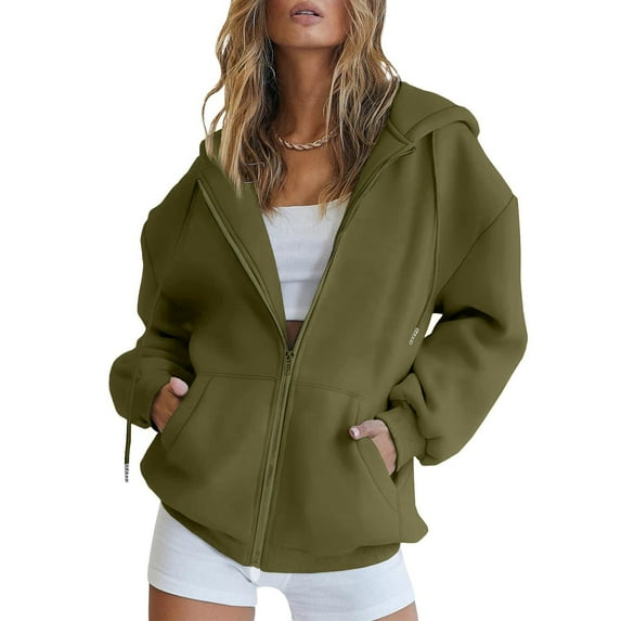 Arlun Womens Zip up Hoodies Fall Preppy Solid Color Loose Sweatshirts Jackets Casual Baggy Comfortable Basic Sports Hooded Sweatshirts Tops 2025 Winter Clothes Army Green S