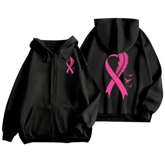 Arlun Womens Zip up Hoodies Pink Ribbon Breast Cancer Awareness Graphic Hooded Sweatshirts Loose Fit Long Sleeve Drawstring Full Zipper Jackets with Pockets Black3 XXL
