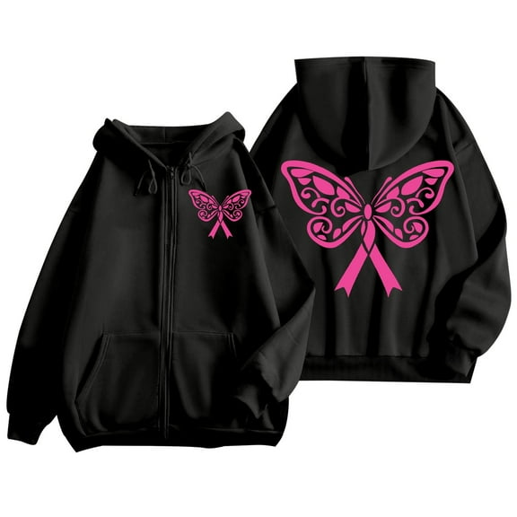Arlun Womens Zip up Hoodies Pink Ribbon Cancer Awareness Graphic Hooded Sweatshirts Loose Fit Long Sleeve Drawstring Full Zipper Jackets with Pockets Black2 XXL
