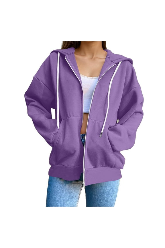 Womens Zipper up Hoodies Sweatshirts Casual Long Sleeve Hoodie Jackets Loose Comfy Lightweight Solid Color Pullover Tops with Pockets Purple XL