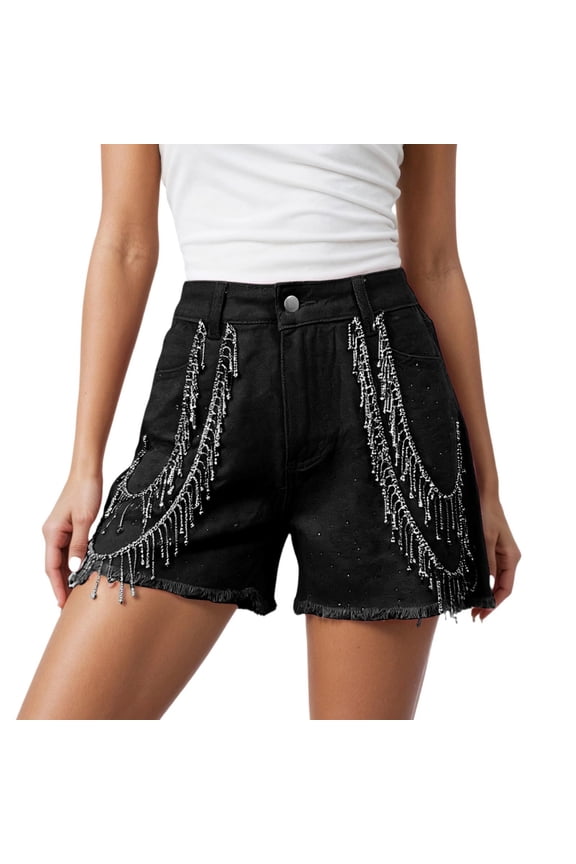 Arlun Y2k Rhinestone Jean Shorts for Women Summer High Waist Raw Hem Tassel Denim Shorts Loose Wide Leg Casual Stretchy Baggy Short Pants with Button Closure Black M