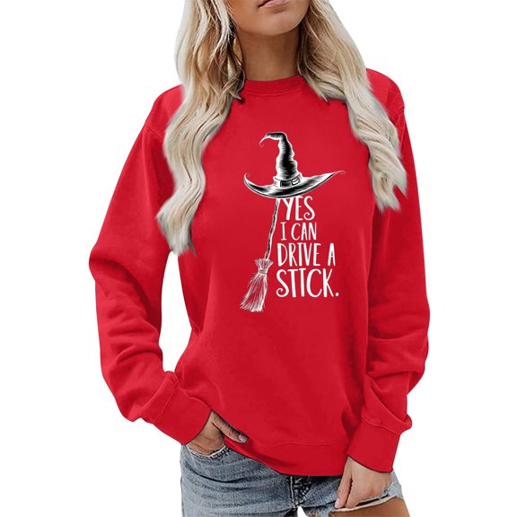 Arlun Yes I Can Drive A Stick Sweatshirts For Women Halloween Witch Printed Pullover Sweatshirts Plus Size Crew Neck Long Sleeve Loose Comfy Hoodless Tops Red M