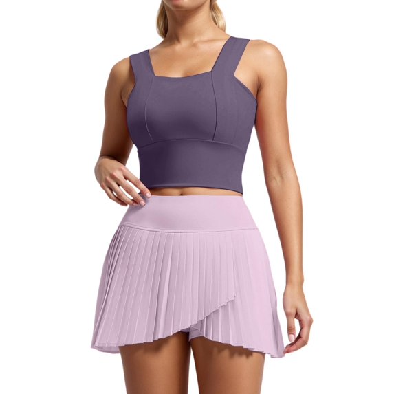 Arlun Yoga Gym Sweatsuits Women 2 Piece Outfits Fast Dry Vest Style Sleeveless Crop Tops and Pleated Tennis Skirts with Pockets Breathable Solid Color Fitness Sports Sets Dark Purple S