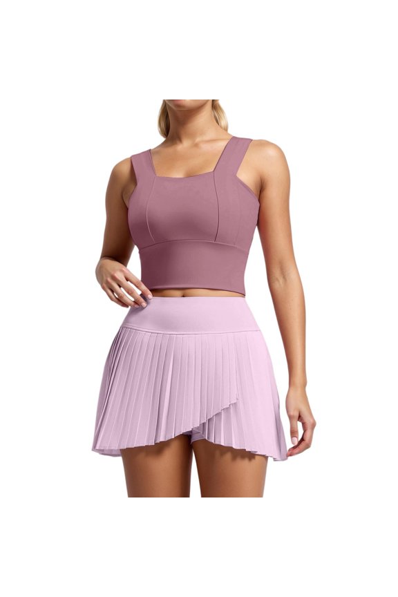 Yoga Gym Sweatsuits Women 2 Piece Outfits Fast Dry Vest Style Sleeveless Crop Tops and Pleated Tennis Skirts with Pockets Breathable Solid Color Fitness Sports Sets Purple S