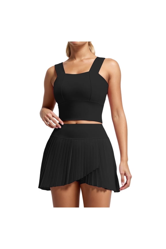 Yoga Gym Sweatsuits Women 2 Piece Outfits Fast Dry Vest Style Sleeveless Crop Tops and Pleated Tennis Skirts with Pockets Breathable Solid Color Fitness Sports Sets Black S