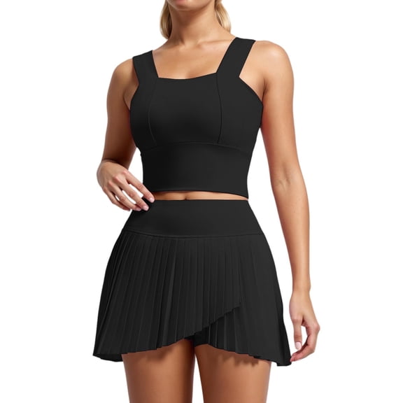 Arlun Yoga Gym Sweatsuits Women 2 Piece Outfits Fast Dry Vest Style Sleeveless Crop Tops and Pleated Tennis Skirts with Pockets Breathable Solid Color Fitness Sports Sets Black M