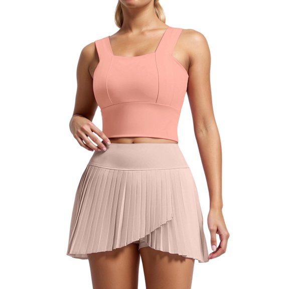Arlun Yoga Gym Sweatsuits Women 2 Piece Outfits Fast Dry Vest Style Sleeveless Crop Tops and Pleated Tennis Skirts with Pockets Breathable Solid Color Fitness Sports Sets Orange S