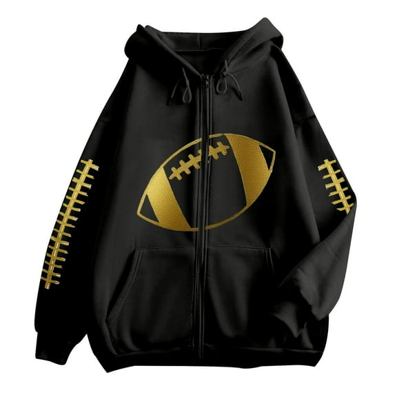 Arlun Zipper up Football Hoodies for Women Football Game Day Hooded Sweatshirts Fashion Graphic Printed Casual Loose Fit Long Sleeve Jacket Fall Winter Tops Black2 XXL