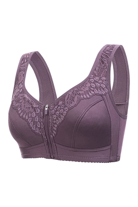 ,Zipper Front Sports Bras for Women No Underwire Comfortable Bralettes Ladies Wireless Soft Supportive Lace Wide Straps Thin Breathable Bra for Yoga Gym Running Purple 48