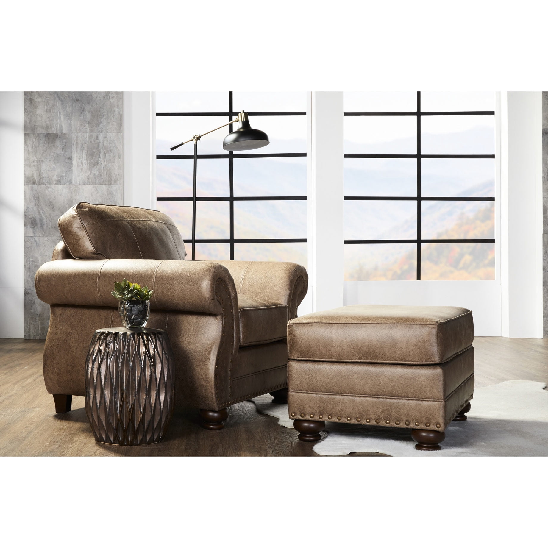Arm Chair and Ottoman Faux Leather Set | American Traditional Style for