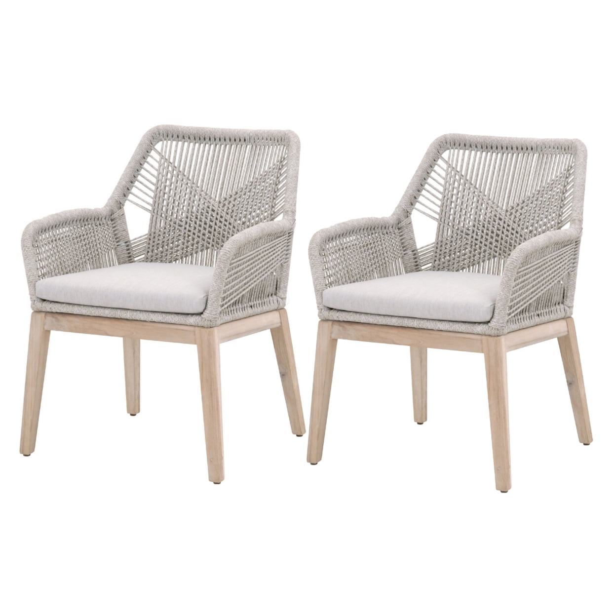 Coastal Elegance Woven Rope Back Metal Armchair with Teak Legs, Gray and Brown