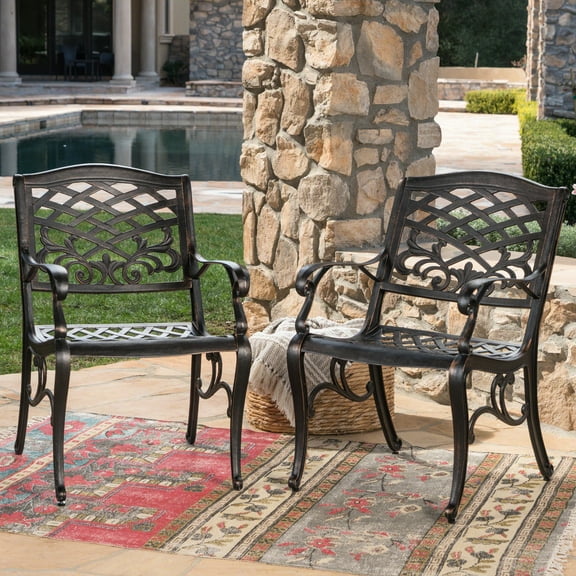 Arm Chairs (2) - Intricate Design And Floral Embellishments Rust- Aluminium Frame 26.1" W X 22.41" D 34.8" H Assembly Required Of 2 Legs