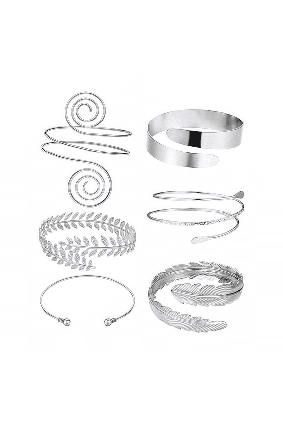 Arm Cuff Set for Women: 6 Piece Adjustable Gold Geometric Leaf Design - Boho Punk Statement Jewelry, Upper Arm Bands for Festivals, Trendy Metallic Punk Jewelry