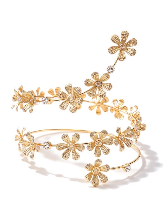 Arm Cuff for Women Golden-tone Flower Rhinestone Elegance Cute Jewelry Gift