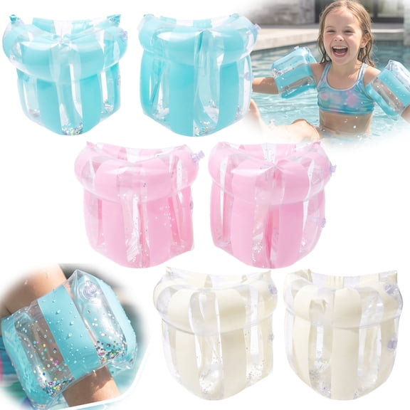 Arm Floaties for Kids and Adults Sequin Stripes Inflatable PVC Swim Arm Bands with Double Air Chambers Quick-Release Valve Comfort Fit Sleeves Pool Beach Lake Use 3–12 Years Adults