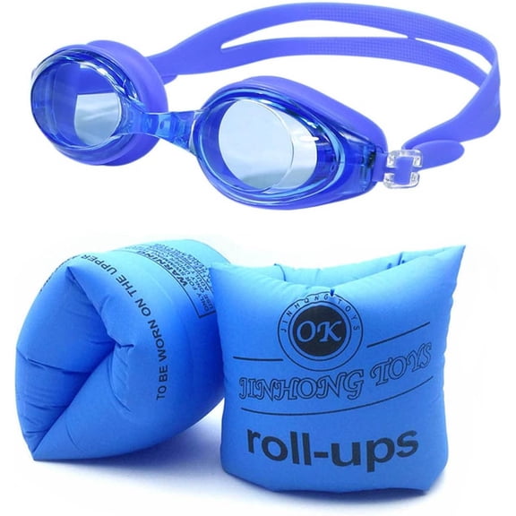 Arm Floaties for Adults Swim Trainer Floaties and Swimming Goggles with Anti-Fog Inflatable Swim Arm Bands Floater Sleeves for Women Men Youth