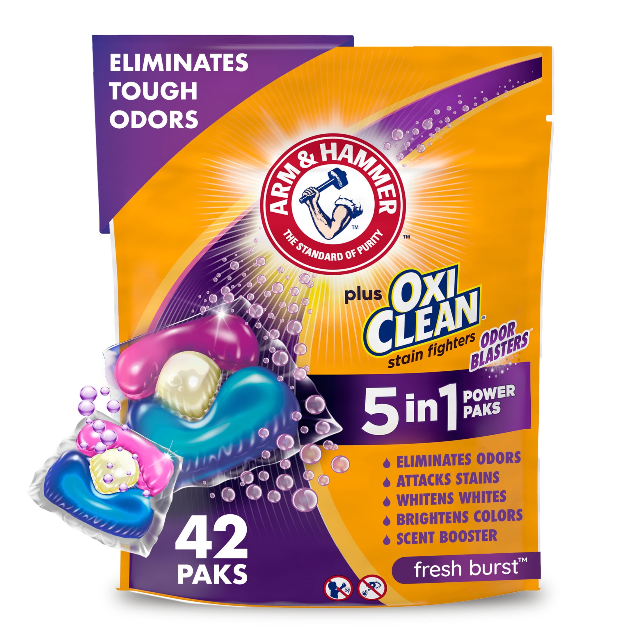 ARM & HAMMER Plus OxiClean with Odor Blasters Concentrated Laundry Detergent, 5-in-1 Laundry Stain Remover, Fresh Burst Detergent Power Paks, 42 Count Bag-Quitamanchas para ropa