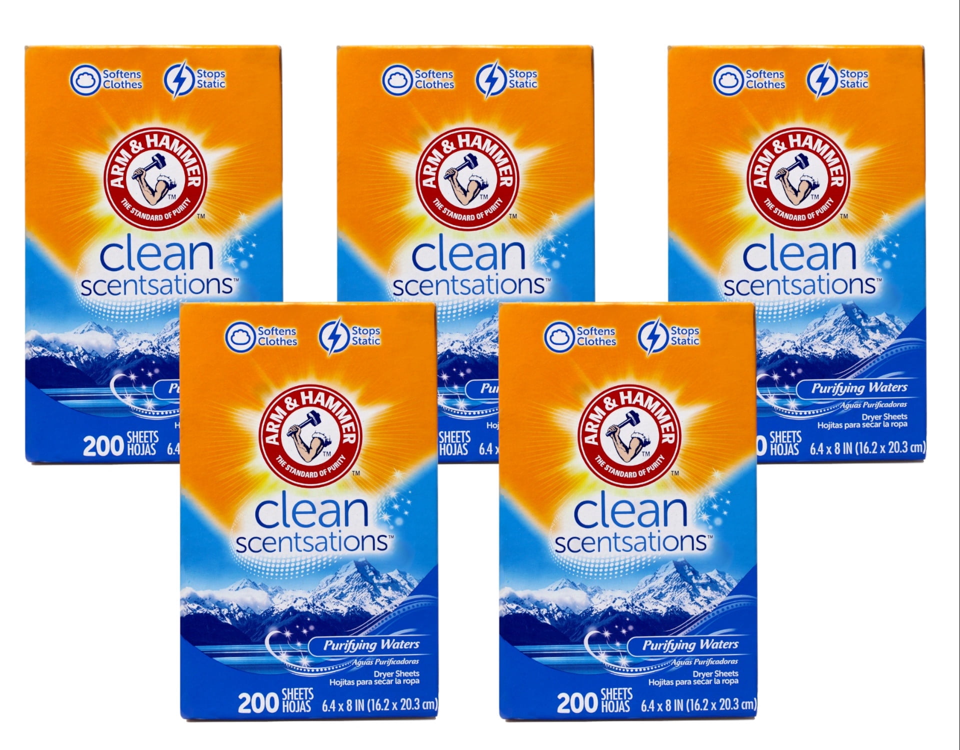 Arm & Hammer Clean Scentsations Fabric Softener Dryer Sheets, Purifying Waters Scent, 200 Count - 5 Pack
