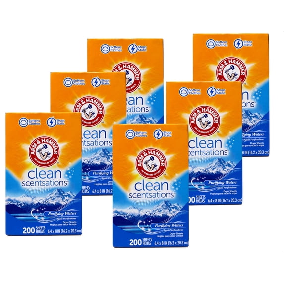 Arm & Hammer Clean Scentsations Fabric Softener Dryer Sheets, Purifying Waters Scent, 200 Count - 6 Pack