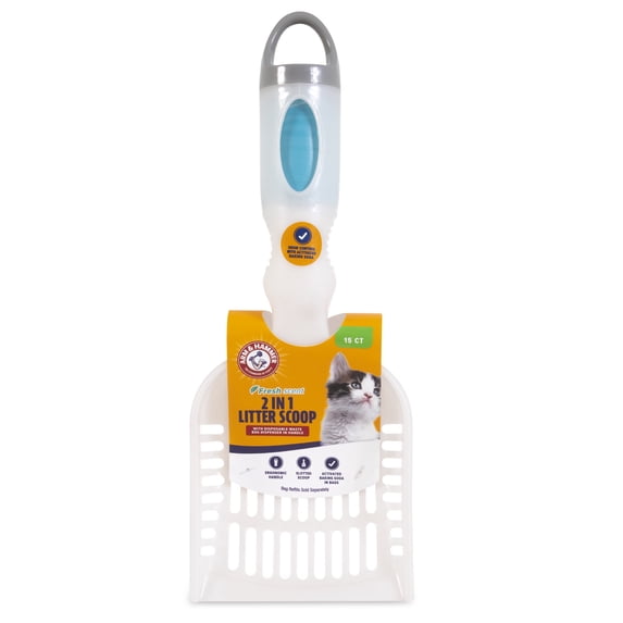 Arm & Hammer Deluxe 2-in-1 Plastic Cat Litter Scoop with Built-In Waste Bag Dispenser in Handle, 15 Fresh Scent Disposable Waste Bags Included, Assorted Colors